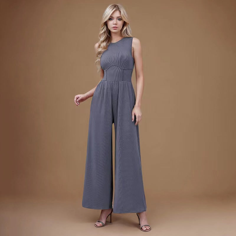 Grey Sleeveless Tummy Control Wide Leg Jumpsuit - Ellie