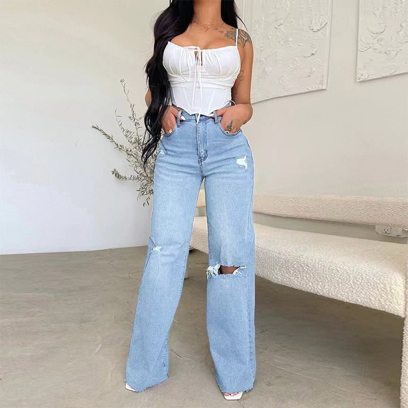 Lt.Blue High Waist Knee Ripped Straight Leg Raw Hem Denim Jeans - Grace