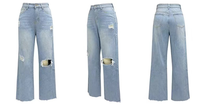 Lt.Blue High Waist Knee Ripped Straight Leg Raw Hem Denim Jeans - Grace