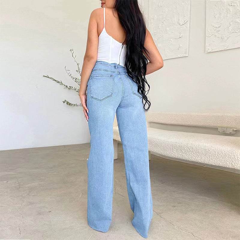Lt.Blue High Waist Knee Ripped Straight Leg Raw Hem Denim Jeans - Grace