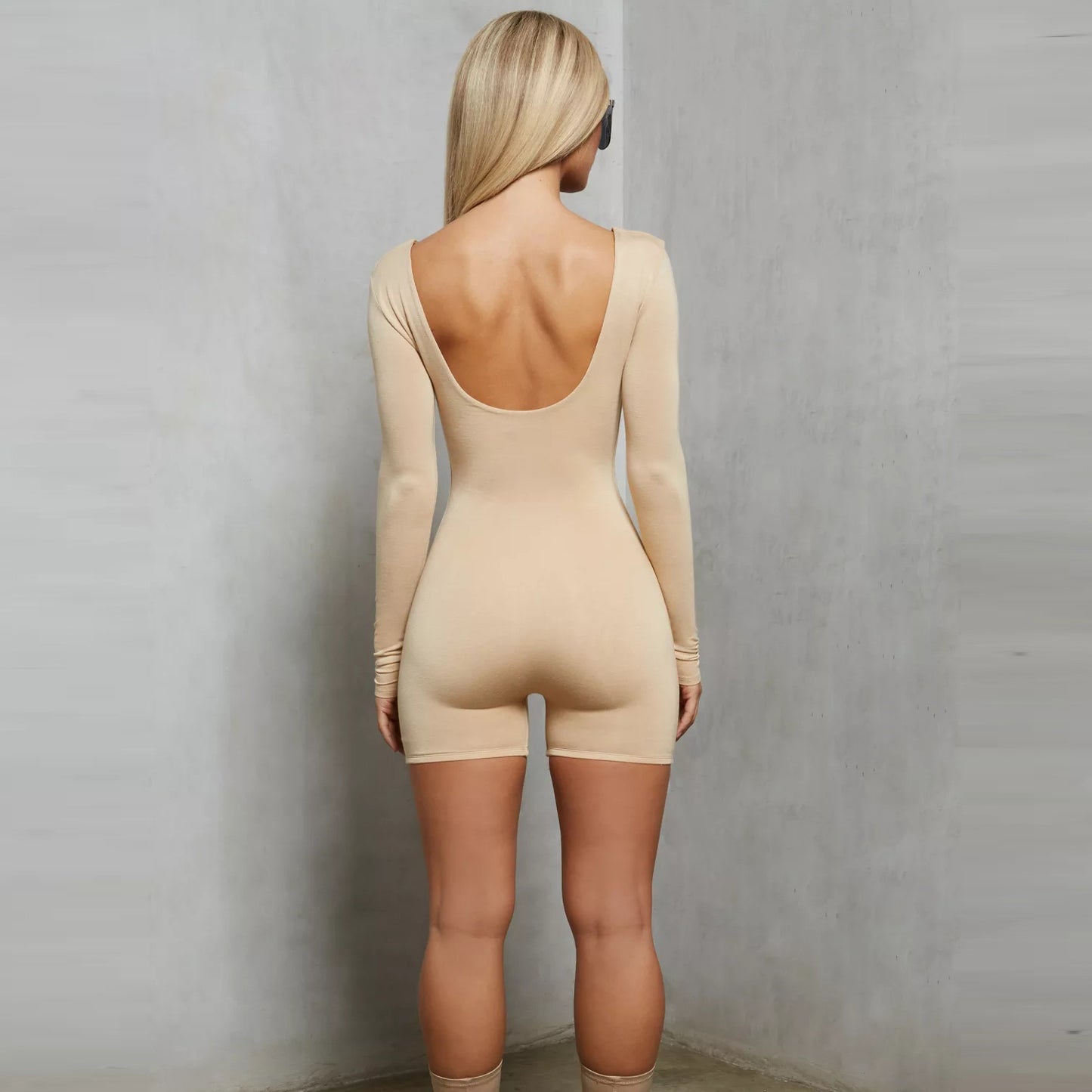 Beige Scoop Back Full Sleeve Unitard Playsuit - Aria