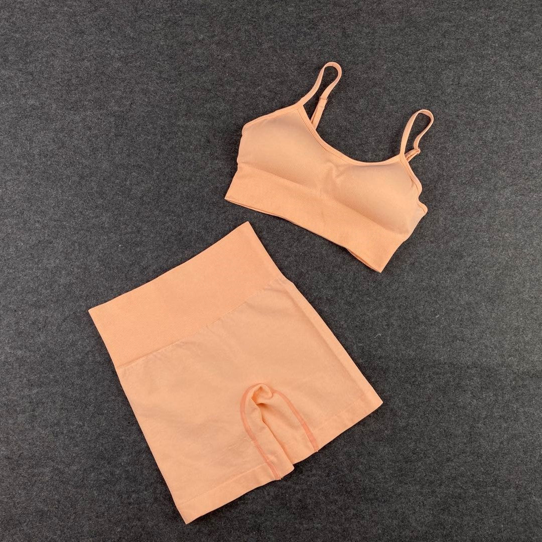 Orange 2 Piece Thin Strap Scoop Back Bralette and High Waist Cycling Shorts Seamless Co-Ord Set - Chloe