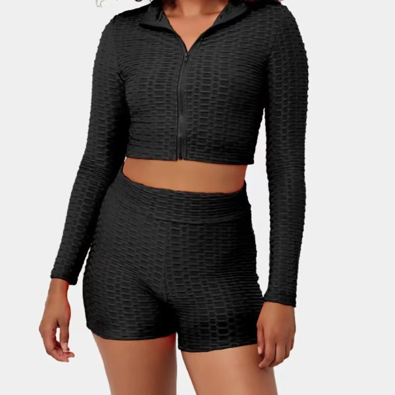 Black Honey Comb Full Sleeve Zip Front Long Sleeve Cardigan - Harper