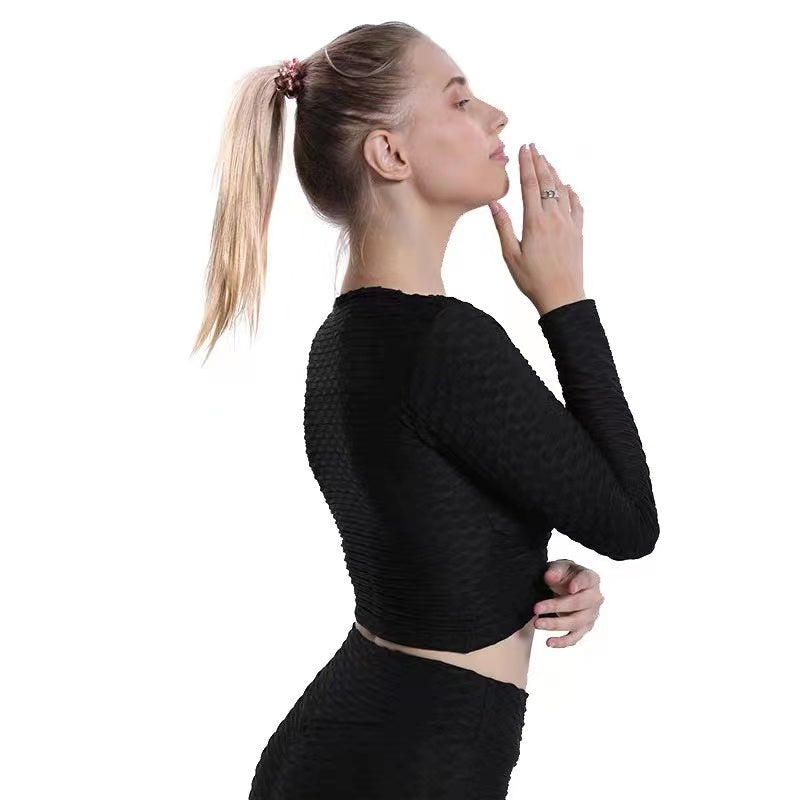 Black Honey Comb Cross Front Long Sleeve Top - Luna