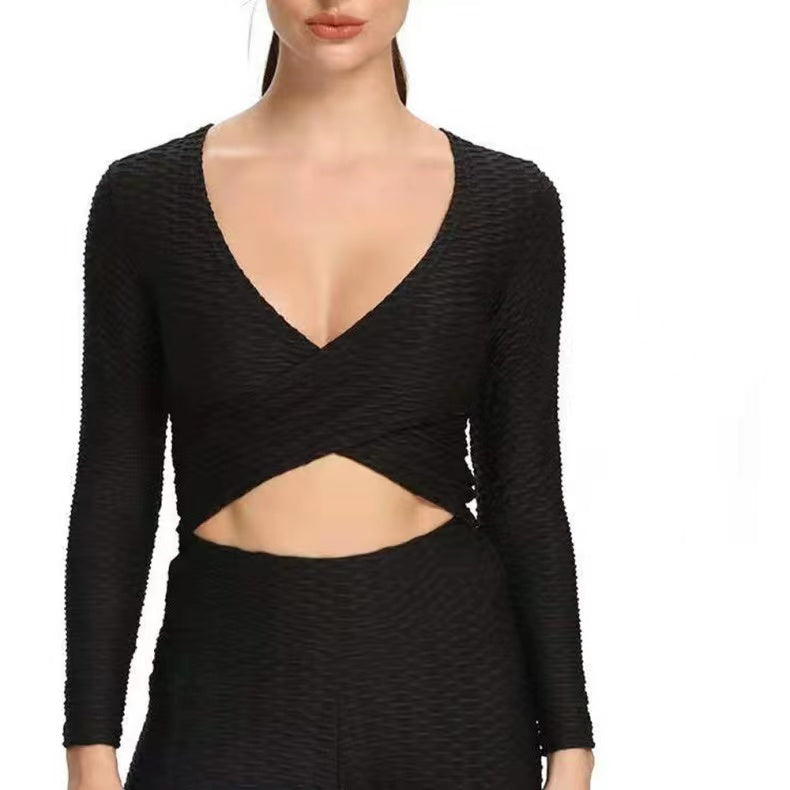 Black Honey Comb Cross Front Long Sleeve Top - Luna