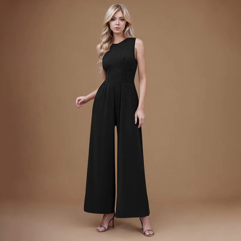 Black Sleeveless Tummy Control Wide Leg Jumpsuit  - Ellie