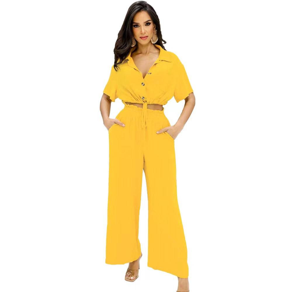 Mustard 2-Piece Short Sleeve Button up Crop Top with Wide Leg Trouser Co-Ords Set - Isla