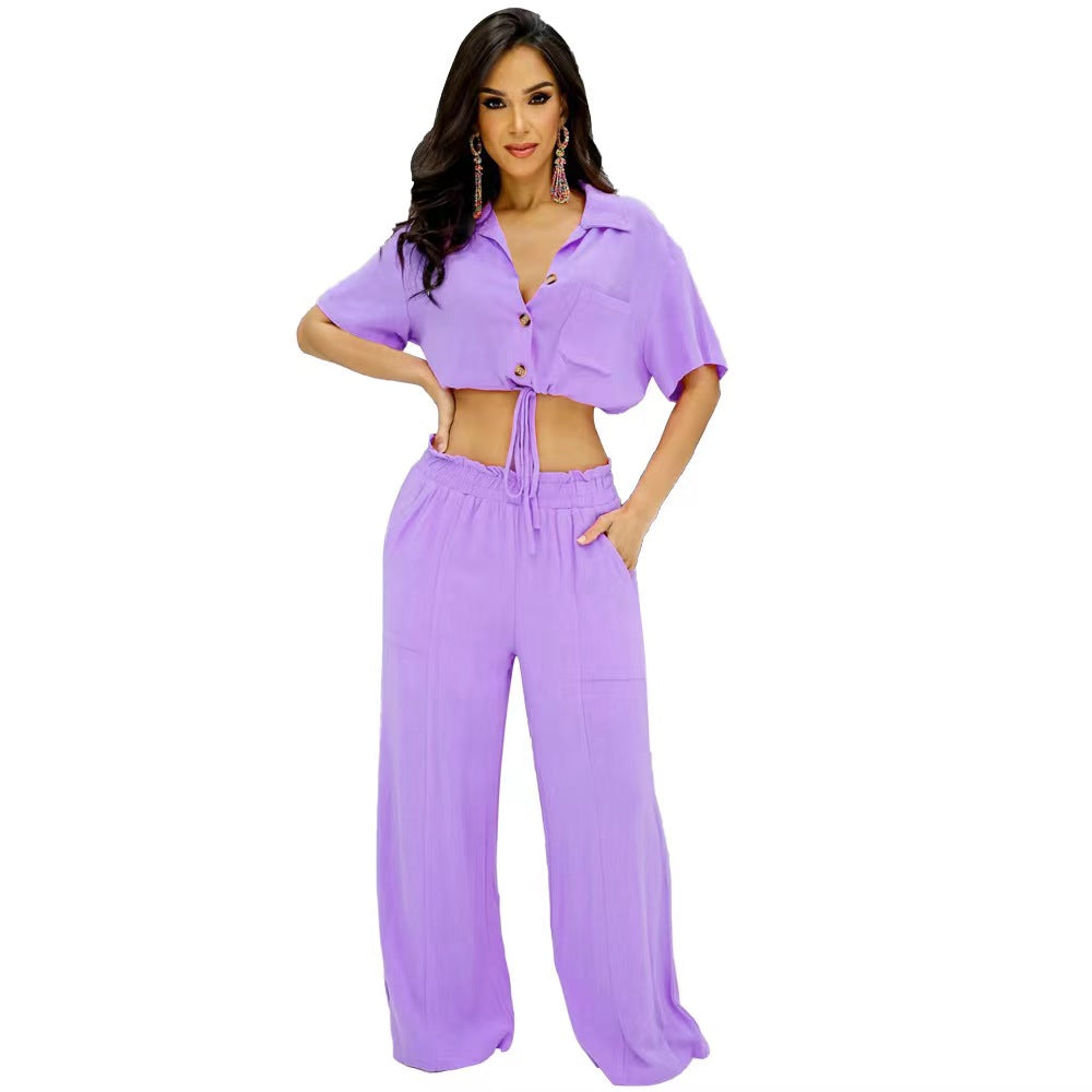 Lilac 2-Piece Short Sleeve Button up Crop Top with Wide Leg Trouser Co-Ords Set - Isla