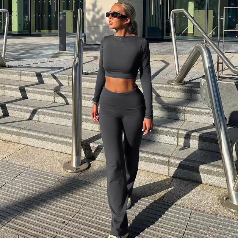 Black 2 Piece Set Long Sleeve Crop Tops Folded High Waist Flare Trouser co-ord set - Madison