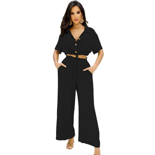 Black 2-Piece Short Sleeve Button up Crop Top with Wide Leg Trouser Co-Ords Set - Isla
