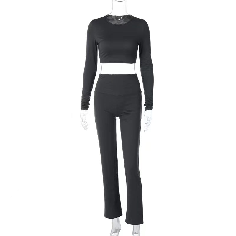 Black 2 Piece Set Long Sleeve Crop Tops Folded High Waist Flare Trouser co-ord set - Madison