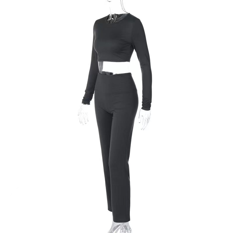 Black 2 Piece Set Long Sleeve Crop Tops Folded High Waist Flare Trouser co-ord set - Madison