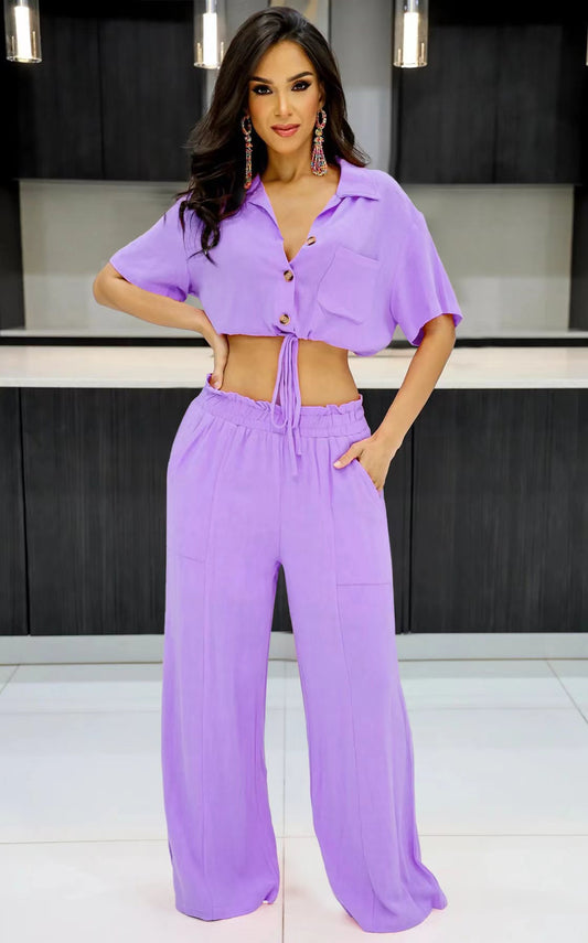 Lilac 2-Piece Short Sleeve Button up Crop Top with Wide Leg Trouser Co-Ords Set - Isla