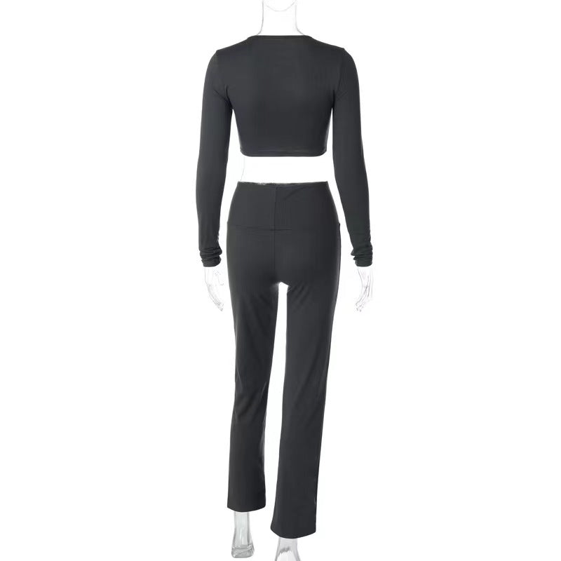 Black 2 Piece Set Long Sleeve Crop Tops Folded High Waist Flare Trouser co-ord set - Madison