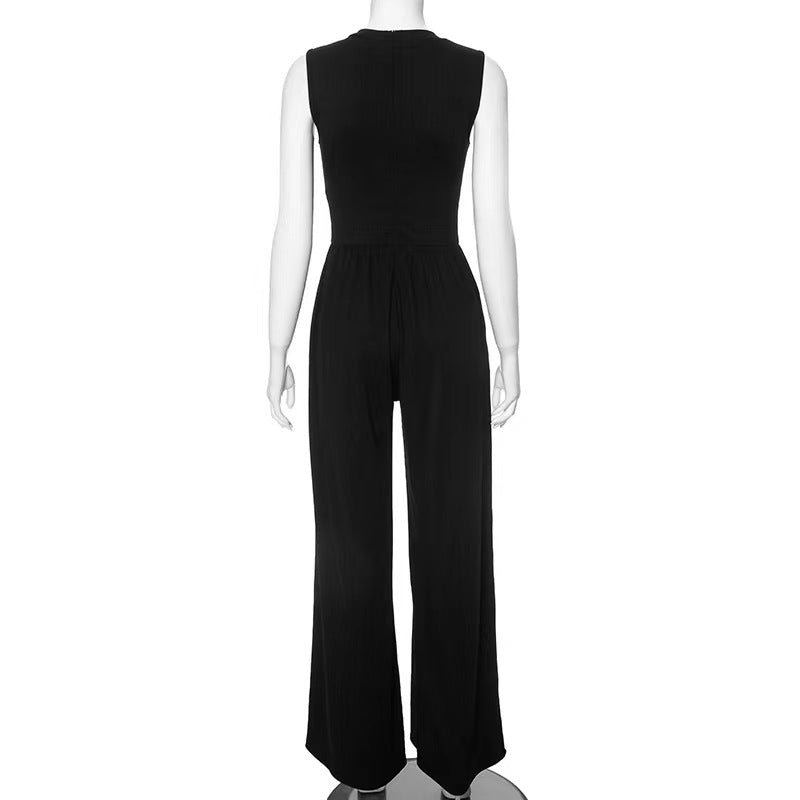 Black Sleeveless Tummy Control Wide Leg Jumpsuit  - Ellie