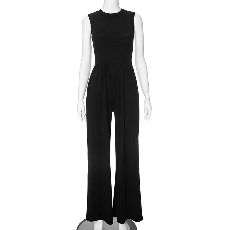 Black Sleeveless Tummy Control Wide Leg Jumpsuit  - Ellie