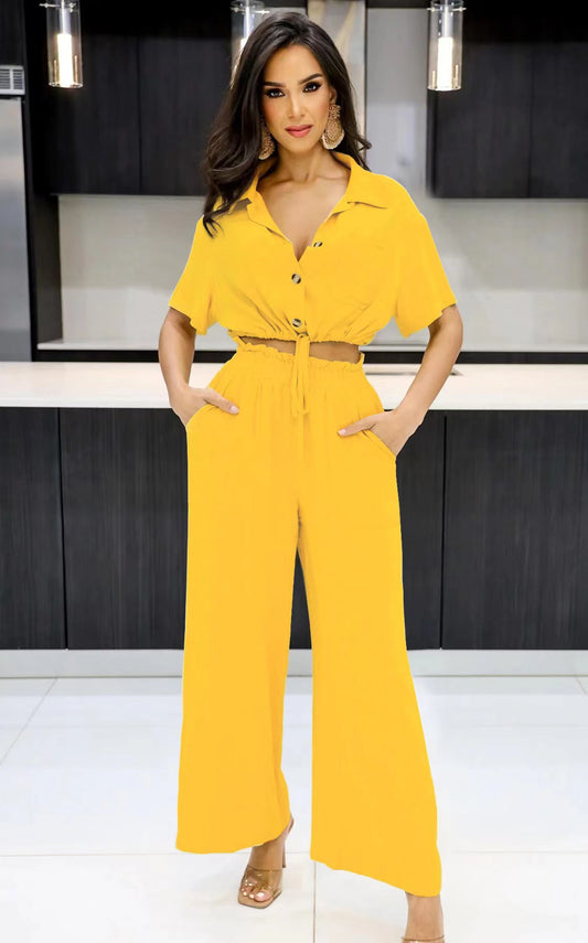 Mustard 2-Piece Short Sleeve Button up Crop Top with Wide Leg Trouser Co-Ords Set - Isla