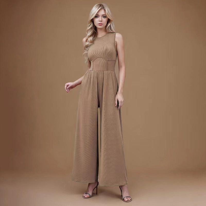 Brown Sleeveless Tummy Control Wide Leg Jumpsuit  - Ellie