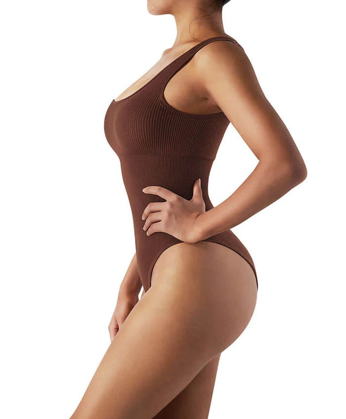 Brown Ribbed Tummy Control Sleeveless Bodysuit - Zoe