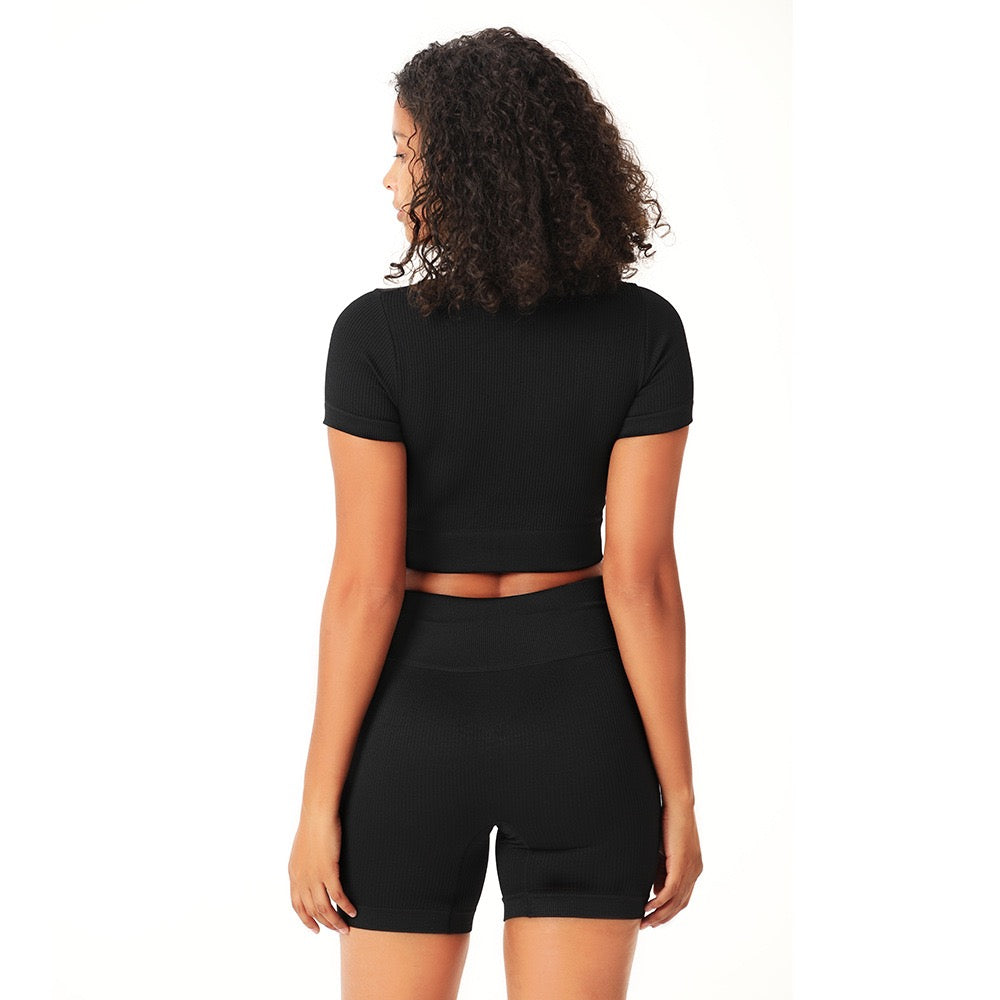 Black 2 Piece Short Sleeve Zip Front Crop Top with Drawstring Cycling Shorts Co-Ord Set - Emily