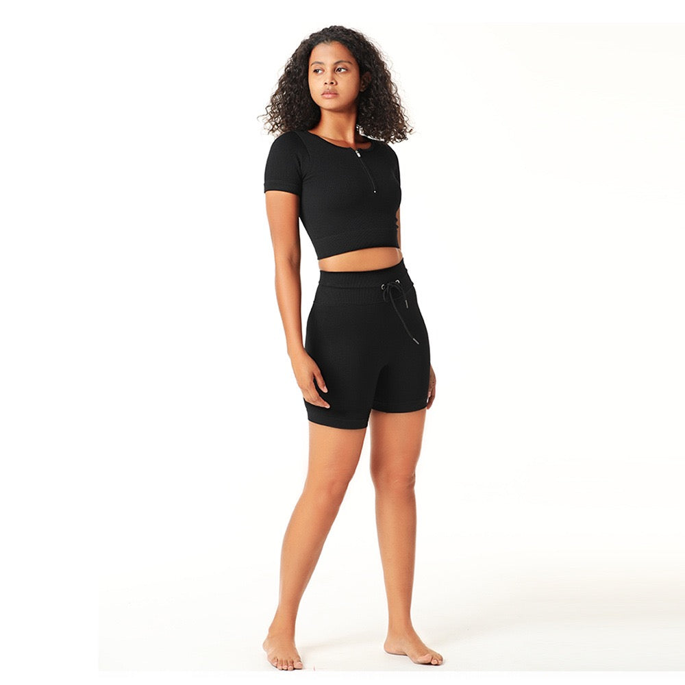 Black 2 Piece Short Sleeve Zip Front Crop Top with Drawstring Cycling Shorts Co-Ord Set - Emily