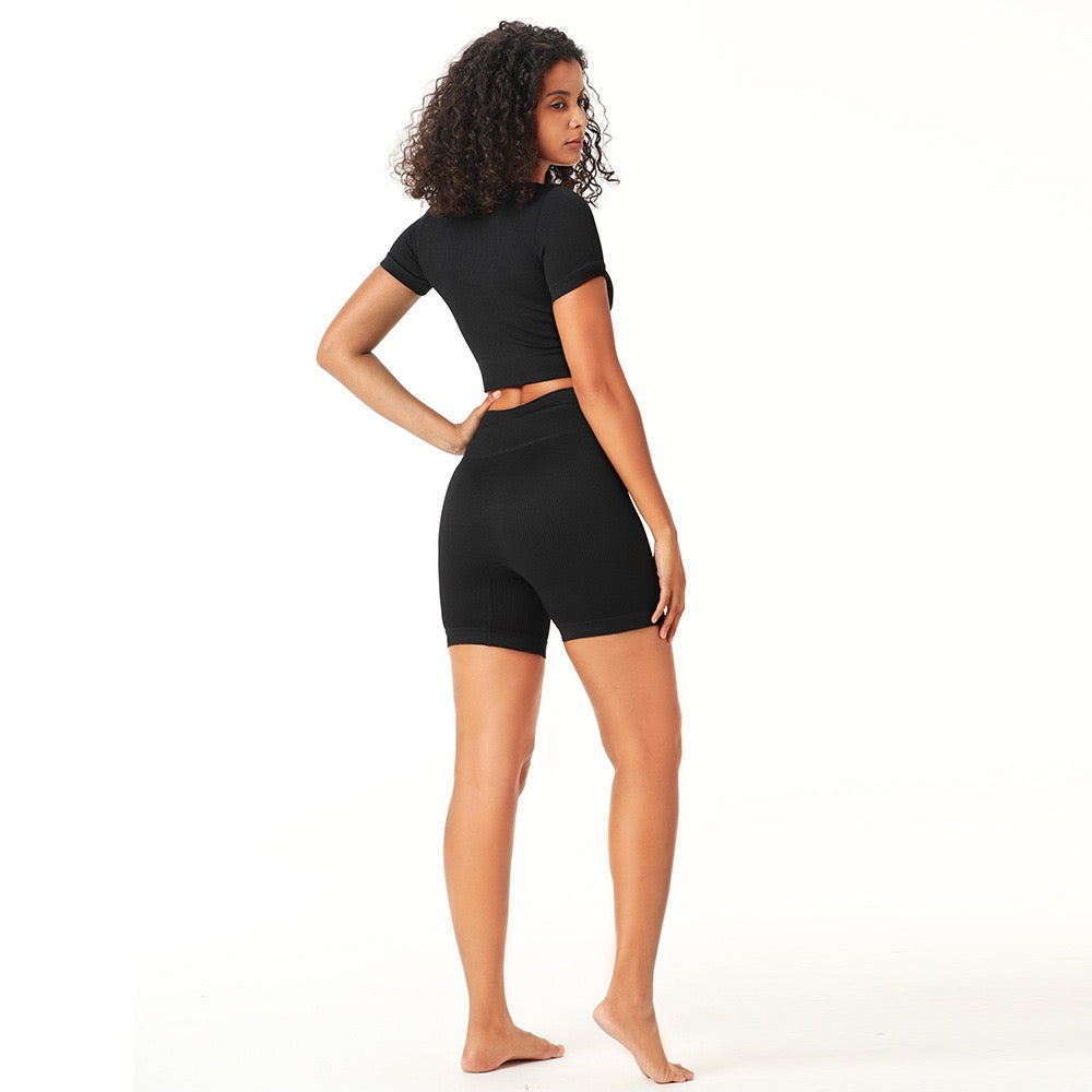Black 2 Piece Short Sleeve Zip Front Crop Top with Drawstring Cycling Shorts Co-Ord Set - Emily