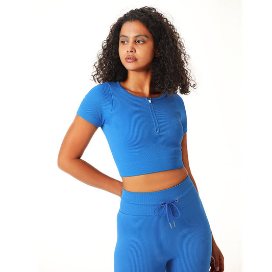 Blue 2 Piece Short Sleeve Zip Front Crop Top with Drawstring Cycling Shorts Co-Ord Set - Emily