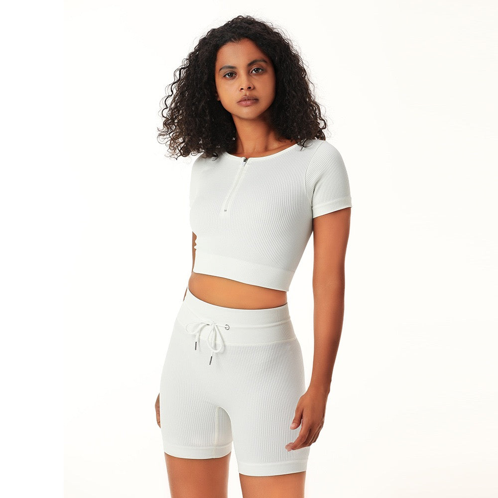 White 2 Piece Short Sleeve Zip Front Crop Top with Drawstring Cycling Shorts Co-Ord Set - Emily