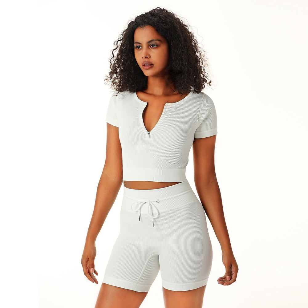 White 2 Piece Short Sleeve Zip Front Crop Top with Drawstring Cycling Shorts Co-Ord Set - Emily
