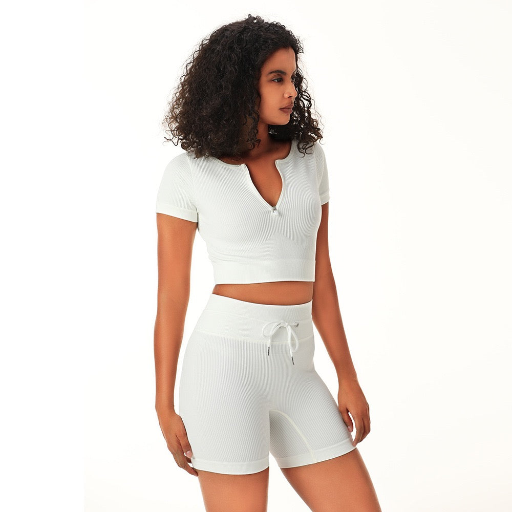 White 2 Piece Short Sleeve Zip Front Crop Top with Drawstring Cycling Shorts Co-Ord Set - Emily