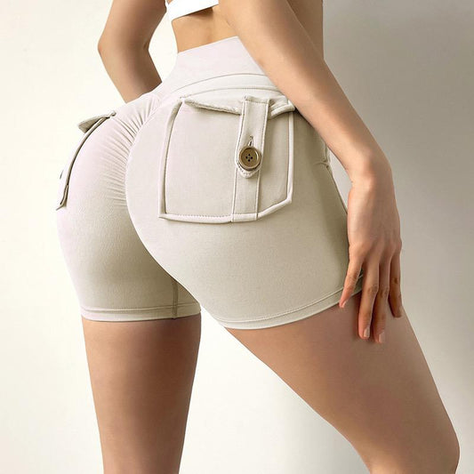 Beige Cargo Pocket High Waist Butt Scrunch Shorts - Layla