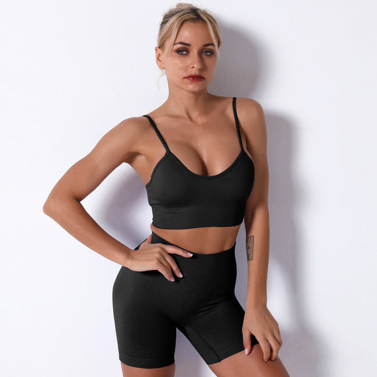 Black 2 Piece Thin Strap Scoop Back Bralette and High Waist Cycling Shorts Seamless Co-Ord Set - Chloe