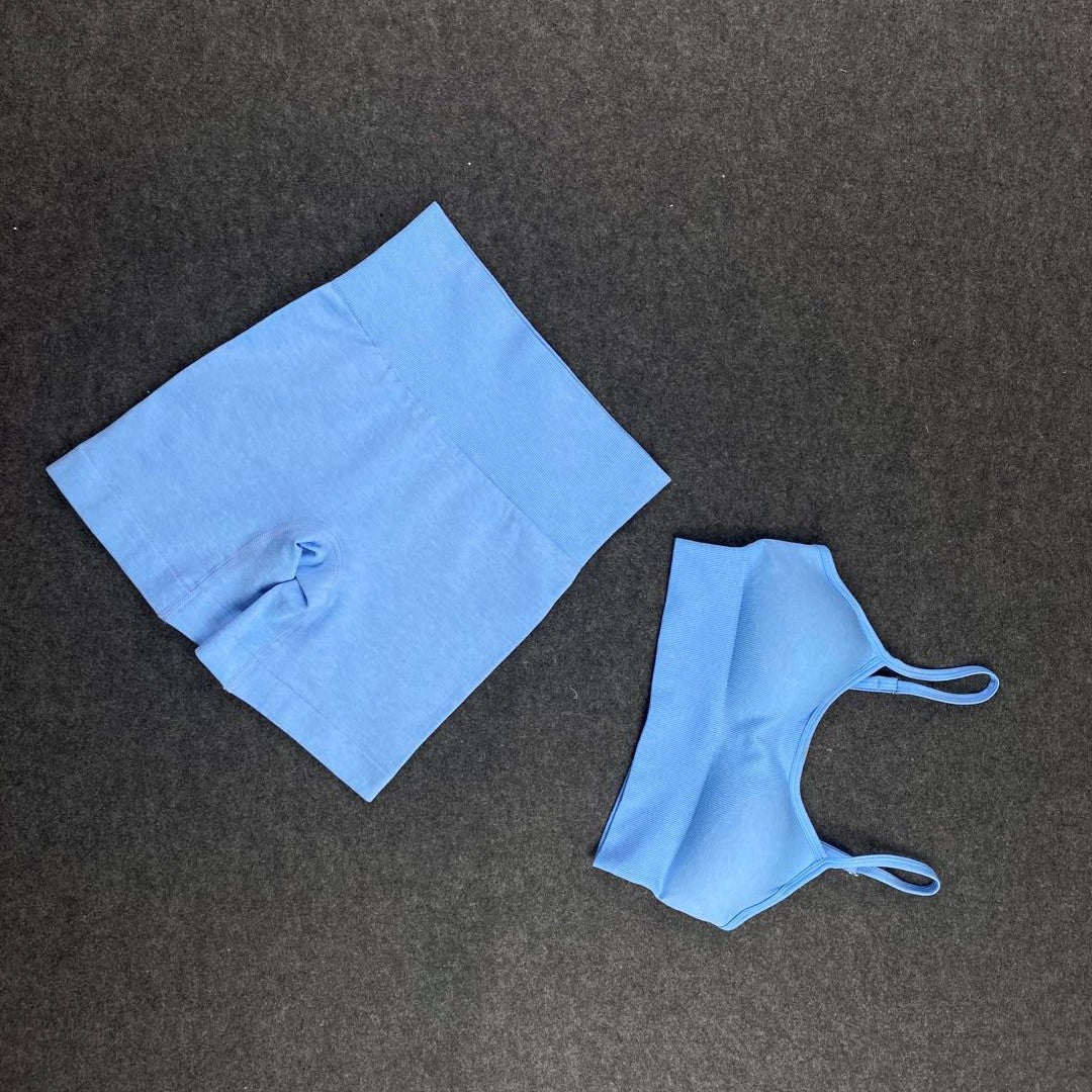 Blue 2 Piece Thin Strap Scoop Back Bralette and High Waist Cycling Shorts Seamless Co-Ord Set - Chloe