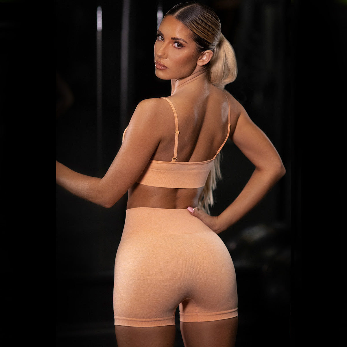 Orange 2 Piece Thin Strap Scoop Back Bralette and High Waist Cycling Shorts Seamless Co-Ord Set - Chloe