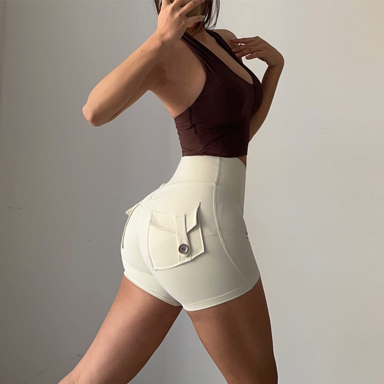 Beige Cargo Pocket High Waist Butt Scrunch Shorts - Layla