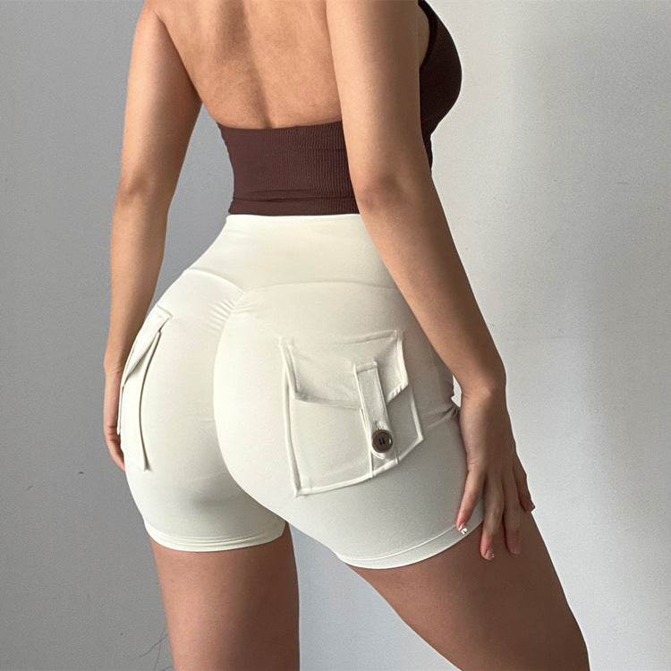 Beige Cargo Pocket High Waist Butt Scrunch Shorts - Layla