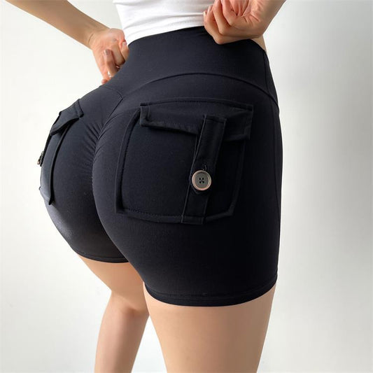 Black Cargo Pocket High Waist Butt Scrunch Shorts - Layla