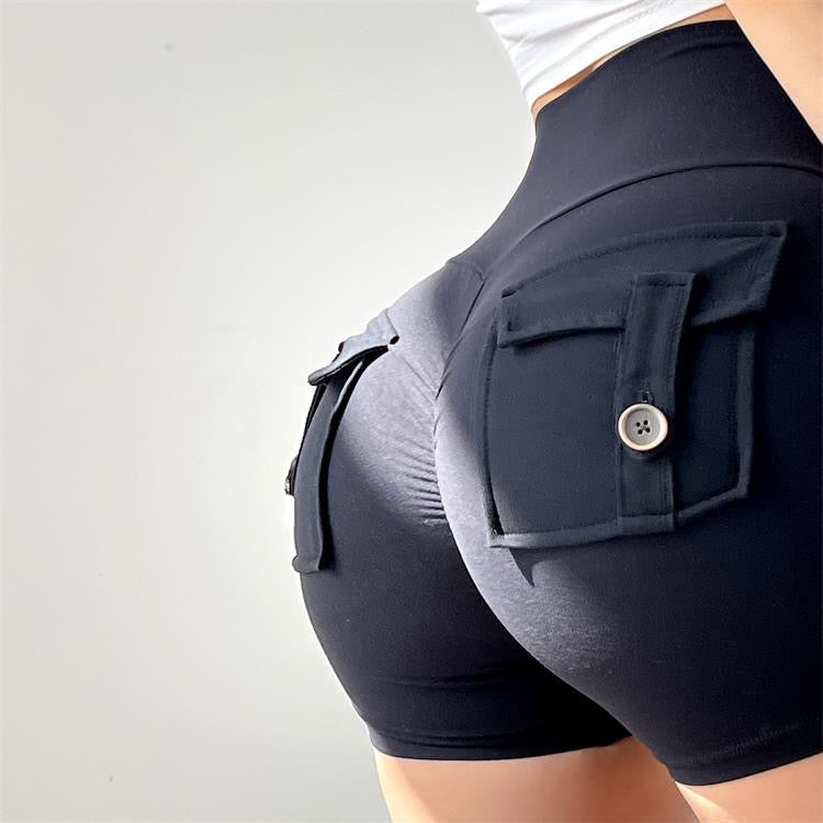 Black Cargo Pocket High Waist Butt Scrunch Shorts - Layla