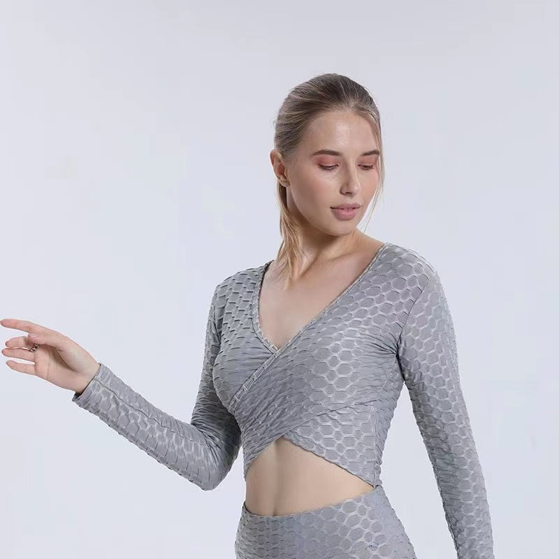 Grey Honey Comb Cross Front Long Sleeve Top - Luna